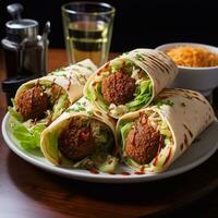 A shot of Tortilla wrap with falafel and vegetables on dark background Generative AI photo