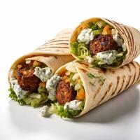 Tortilla wrap with falafel and vegetables on white background Generative AI photo