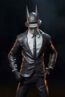 Futuristic man in a suit and mask with hat on a black background Generative AI photo