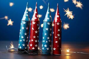 Party poppers with stars and fireworks on dark blue background, closeup Generative AI photo