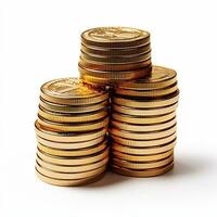 a photo of Stacks of gold coins on white background. Shallow dof. Generative AI