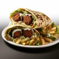 A image of Tortilla wrap with falafel and vegetables on white background Generative AI photo