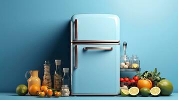 3d representación de un azul refrigerador con Fresco frutas y vegetales en un azul antecedentes generativo ai foto