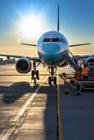 un foto de aeropuerto trabajador comprobación avión antes de embarque en el aeropuerto a puesta de sol. generativo ai