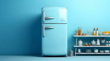 3d representación de un azul refrigerador y Fresco frutas y vegetales en un azul antecedentes generativo ai foto