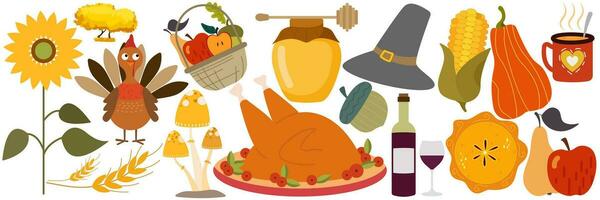 Set of colorful cartoon icons for thanksgiving day. vector