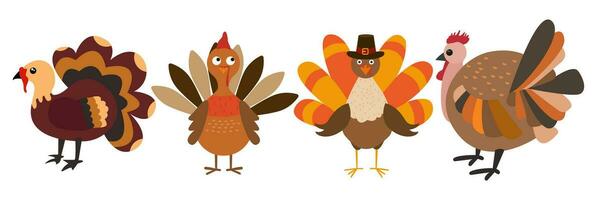 Four cartoon thanksgiving turkeys in a pilgrim hats on white background. vector