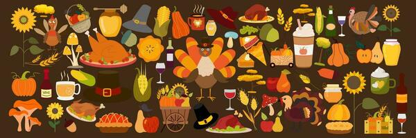 Thanksgiving icons vector big set. Autumn illustration elements colorful.