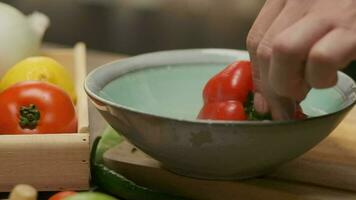 professionell kock förbereder och nedskärningar röd klocka peppar. stänga upp långsam rörelse video