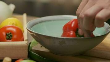 Professional chef prepares and cuts red bell pepper. Close up slow motion video