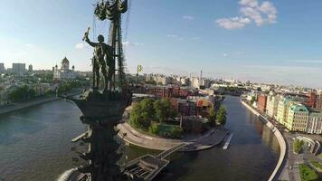 Peter the Great Statue Aerial view of Moscow landmark video