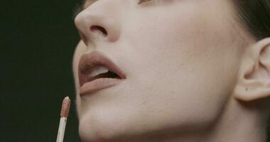 Young elegant woman applies gloss to her lips. Close Up, slow Motion, Studio Shot. video