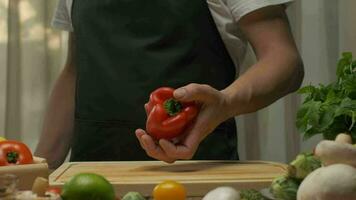 Professional chef prepares and cuts red bell pepper. Close up slow motion video