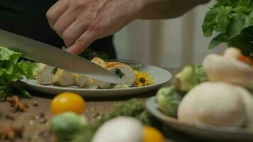 Chef serving chicken roll with spinach on a plate. Slow motion video