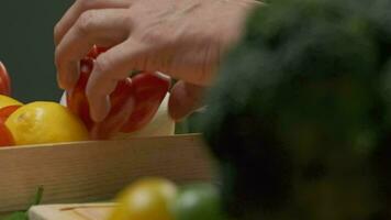 Professional chef prepares and cuts red bell pepper. Close up slow motion video