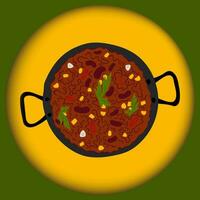 Chili con carne in a cast iron pan on a paper cut style background. Traditional Mexican spicy food vector