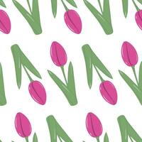 Abstract seamless pattern of colorful blooming bright pink tulips in trendy shades. Hello spring vector