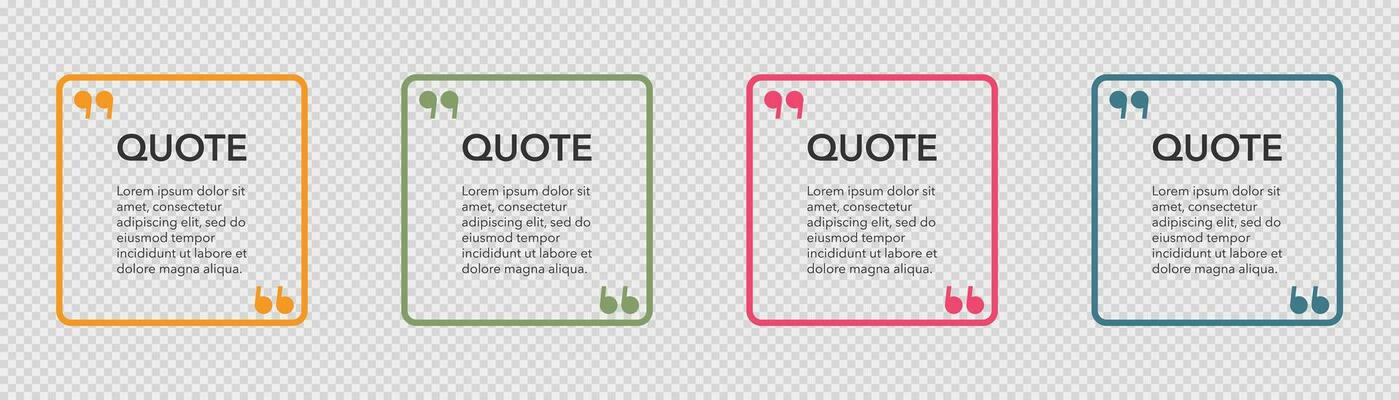 Outline quote frames. Quotation box with commas sign. Isolated template of quot box. Orange and green quoting frame. Square shape with editable text.