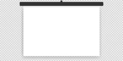Screen projector. Hanging presentation blank board. Isolated whiteboard. Education screen projector with shadow. Vector EPS 10.