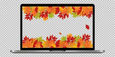 Laptop with leaves. Computer monitor with autumn leaf. Notebook autumn mockup. Isolated monitor template with falling leaves. Realistic style. vector