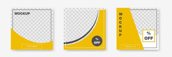 Square banner mockup. Yellow social media frame. Square template poster. Editable banner mockup in black and yellow. Concept layout for social media. Vector illustration. EPS 10.