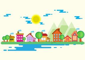 Town and village with blue sky illustration in flat.Modern building and sky with Clouds on Circle background.Home , Mountain,tree, Photo city and Vector illustration concept idea.