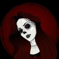 Creepy girl with empty eye sockets on a red-and-black background vector