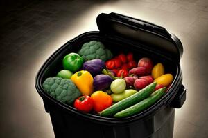 A Black Trash Can Filled With Assorted Vegetables. AI Generated photo