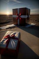 A Couple Of Wrapped Presents Sitting On Top Of A Beach. AI Generated photo