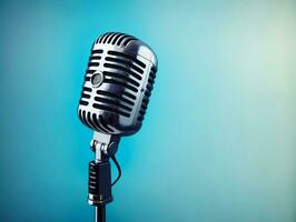 A Black And Silver Microphone Against A Blue Background. AI Generated photo