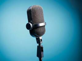 A Close Up Of A Microphone On A Blue Background. AI Generated photo