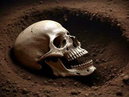 A Close Up Of A Human Skull In A Hole. AI Generated photo