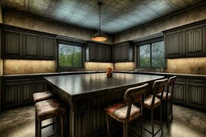 A Large Kitchen With A Center Island And Bar Stools. AI Generated photo