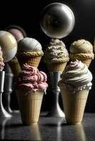 A Group Of Ice Cream Cones Sitting On Top Of A Table. AI Generated photo