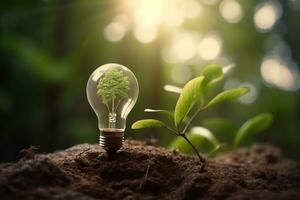 Electric light bulb with a tree inside. The idea of renewable energy sources and energy conservation. The concept of environmental conservation and global warming. Earth Day.  AI generated photo