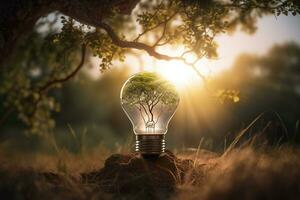 Electric light bulb with a tree inside. The idea of renewable energy sources and energy conservation. The concept of environmental conservation and global warming. Earth Day. AI generated photo