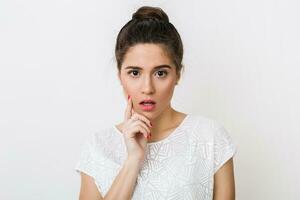 close-up portrait of young shocked woman in white blouse opened her mouth, holding finger at her face, surprised face expression, looking into camera, having a problem isolated photo