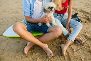 young smiling couple having fun on beach sitting on sand with surf boards playing with dog photo