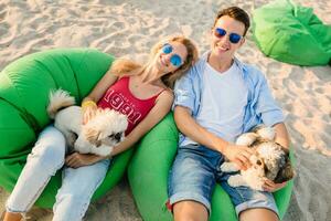 young attractive smiling couple having fun on beach playing with dogs photo