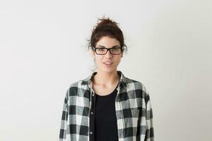 portrait of young hipster pretty woman in checkered shirt photo