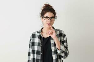 portrait of young hipster pretty woman in checkered shirt photo