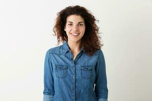 young pretty woman curly hair blue shirt, hipster style photo