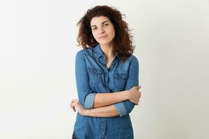 young pretty woman curly hair blue shirt, hipster style photo