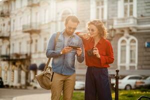 man and woman on romantic vacation walking together photo