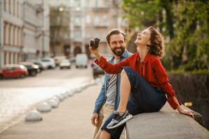 man and woman on romantic vacation walking together photo