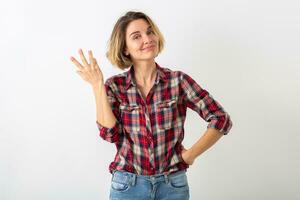 young emotional woman in checkered shirt photo