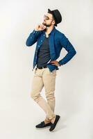 young handsome hipster man stylish outfit, denim shirt photo