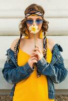 woman in yellow dress summer street style photo