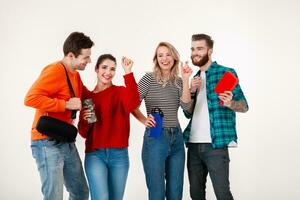 company of friends having fun together listening to music photo