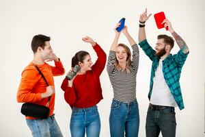 company of friends having fun together listening to music photo